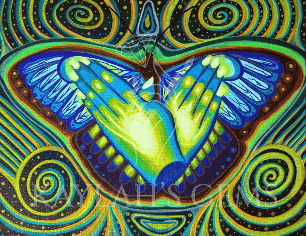 A vibrant, symmetrical painting of a butterfly with blue and green wings accented by glowing yellow-green highlights. The butterfly’s brown body and thin black antennae sit at the center, while the wings feature layered, feather-like patterns. The dark background is filled with swirling spiral shapes and dotted textures in shades of blue, green, yellow, and orange, creating a sense of motion and balance throughout the composition. A semi-transparent watermark of Kaylah's Gems logo is placed in the center.