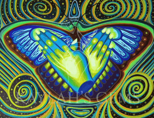 A vibrant, symmetrical painting of a butterfly with blue and green wings accented by glowing yellow-green highlights. The butterfly’s brown body and thin black antennae sit at the center, while the wings feature layered, feather-like patterns. The dark background is filled with swirling spiral shapes and dotted textures in shades of blue, green, yellow, and orange, creating a sense of motion and balance throughout the composition. A semi-transparent watermark of Kaylah's Gems logo is placed in the center.